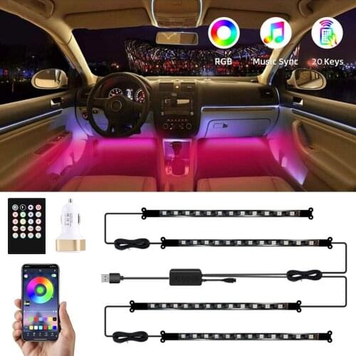 4pc 48LED Strips Car Interior Lighting USB LED RGB Atmosphere Strip Light 12-24V Ambient Neon Lamp Voice Control Room Decorative