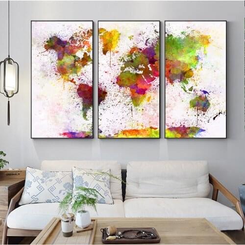 Watercolor Wall Graffiti World Map Canvas Art Prints 3 Panels Abstract World Map Wall Paintings Modular Pictures For Living Room