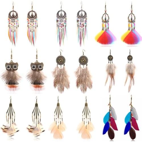 Bohemia Feather Tassel Long Earrings For Women Jewelry Ethnic Boho Colorful Feather Owl Flower Pendientes Dangle Earrings 2019