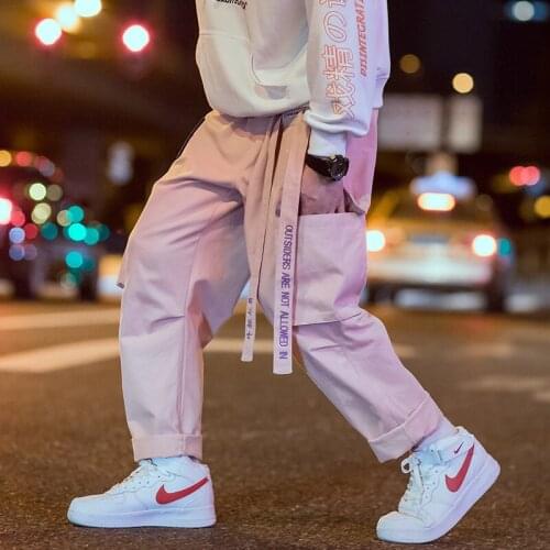 Streetwear Hip Hop Cargo Pants Men Women Ribbon Letter Embroidery Japanese Joggers Trousers Casual Harem Pants Pink