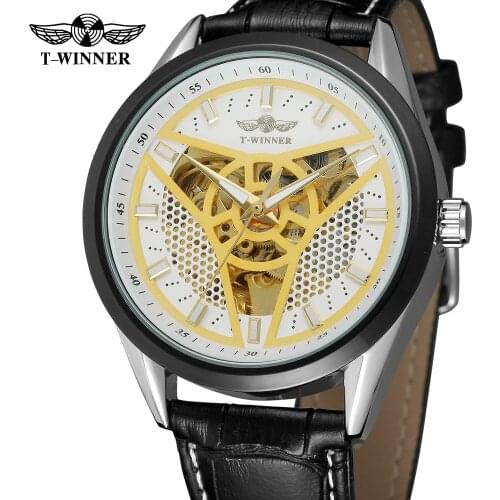 Fashion WINNER Top Brand Racing Sport Watch Men Auto Mechanical Golden Triangle Dart Skeleton Dial Genuine Leather Wrist Watches