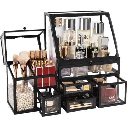 Black white glass large size fast delviery makeup storage jewly storage waterproof dustproof makeup box gift