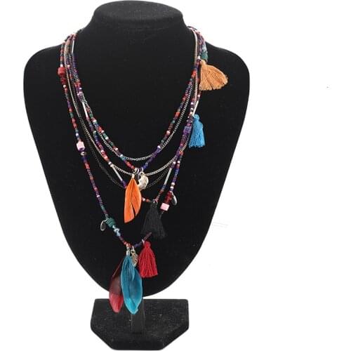 JOUVAL Bohemian Feather Long Pendant Necklaces Multilayer Beads Colorful Acrylic Zinc Alloy Women Summer Tassel Ethnic Jewelry