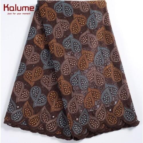 Kalume High Quality African Cotton Lace Fabric Brown Nigerian Swiss Voile Cotton Lace Fabric With Stones For Party Dress 2234