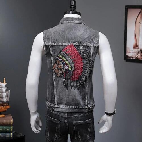 Mens Black Motorcycle Biker Denim Vest Embroidery Patch Cowboy Waistcoat Casual Outwear Cotton Sleevless Jean Jacket S-3XL