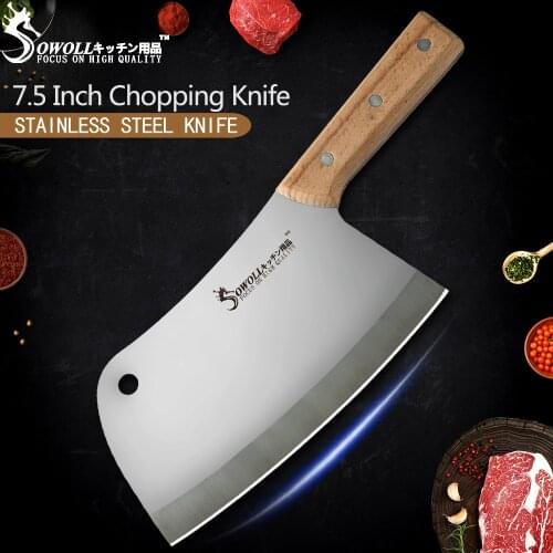 Sowoll 7.5'' INCH Slaughter Cleaver Chopping Knife Stainless Steel Wood Handle Bone Cutter Chicken Cow Sheep Tool Slicer