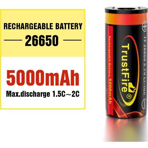 100% TrustFire 26650 Lithium Battery 3.7V 5000Mah High Capacity Rechargeable Li Ion Battery Cell 500 Times with Protect Circuit