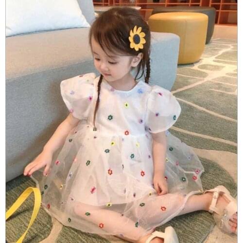 Cultiseed Baby Girls Summer Cute Sweet Floral Embroidery Gauze Mesh Ball Gown Birthday Party Princess Dresses With Puff Sleeve