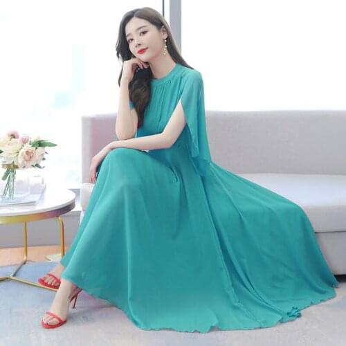 Large Size Beach Dress 2021 Summer New Chiffon Bohemian Dress Long Slim Big Swing Fashion Solid Color Elegant Robes zh314
