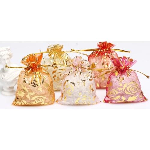 50pcs Jewelry Gift packing Bags 7x9 9x12 11x16 13x18 cm Wedding Packaging Bags Bronzing Roses Organza Drawstring Bags