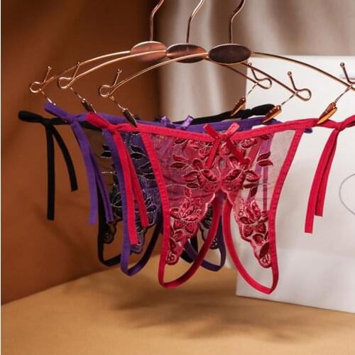 Sexy lace up large size embroidered underwear ultra thin hot temptation bandage fun open crotch t-shaped pants women ribbon
