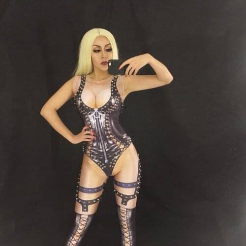 Sexy Womens Rivets Bodysuit Nude Black Rompers One Piece Sexy Costume Stage Performance Wear Singer Pole dancing Jumpsuit