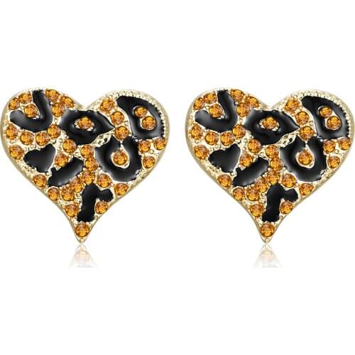 Hip Hop Gold Alloy Leopard Print Heart Stud Earrings Statement Punk Brown Rhinestone Costume Black Enamel Cocktail Party Jewelry