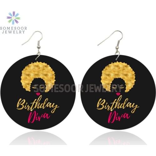 SOMESOOR Golden Natural Hair Black Beauty Printed Wooden Drop Earrings Birthday Diva Printed Wood Loops Dangle For Women Gifts
