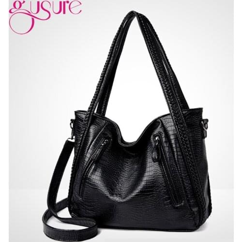 Gusure Fashion Large Capacity Women Shoulder Bag Soft PU Leather Casual Black Female Shopping Bag Lady Hobo Handbag Travel Tote