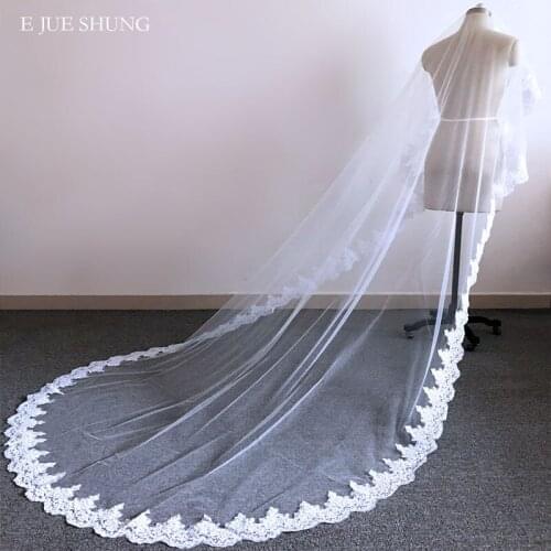 E JUE SHUNG 3 Meter White Ivory Cathedral Wedding Veils Long Vintage Lace Edge Bridal Veil Wedding Accessories