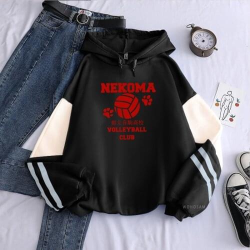 Harajuku Anime Haikyuu Nekoma Print Hoodie Women Cartoon Volleyball Junior Graphic Streetwear Unisex Winter Patchwork Sweatshirt