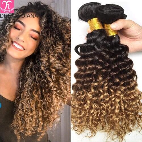 DreamDiana Ombre Deep Wave Bundles Remy Hair 3/4 Bundles Blond Malaysian Curly Hair 3 Tones Colored Ombre Curly Hair Bundles