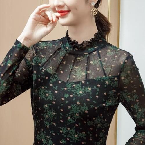 New 2021 Autumn Long Sleeve Womens T-Shirt Fashion Casual Polka dot printing Mesh Tops M-4XL Plus Size Ruffles Shirt Clothing