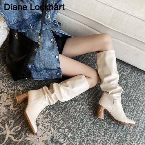 2021 INS Women Knee High Heel Boots Lady Riding Botas Warm Winter Shoes Woman Sexy Square Toe Casual Footwear Long Boot