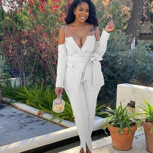 Women Causal 2pcs Two Piece Set Spaghetti Strap Off The Shoulder Buton Up Top And Long Split Pants Deep V Neck Long Sleeve Outfi