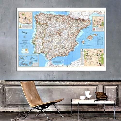 100x150cm Non-woven Spain and Portugal World Map Wall Art Vintage World Physical Map for Culture and Education Office Decor