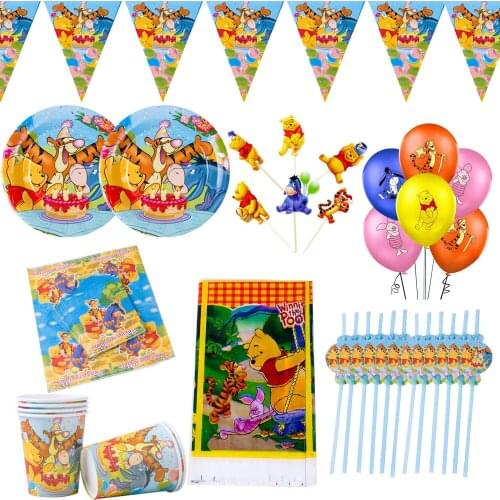 105Pcs Winnie the Pooh Disposable Tableware Party Decorations Paper Plates Cups Napkins Cake Toppers Straws Party Supplies