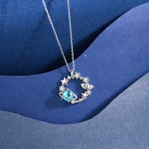 925 Sterling Silver Link Chain Opal Star Planet Charm Necklace Pendant Jewelry For Women Wedding Choker dz182