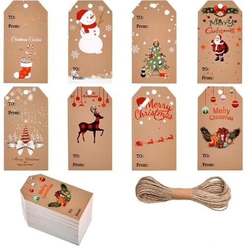 100 Pcs Christmas Kraft Paper Tags with Twine String Tie Xmas Hang Labels Snowman Snowflake Christmas Tree Pre-Punched Tag Card