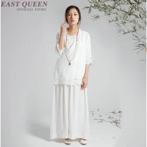 Spring and summer women pant suits three-quarter sleeve o-neck top and baggy leg pant bottoms elastic waist solid sets AA3246 F