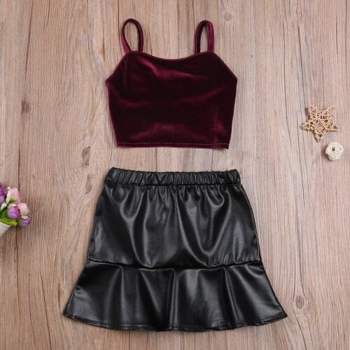 Children Baby Girl Sling Velvet Tops Leather Dress Fashion Skirt Suit Toddlers Contrast Color Clothes Set High Waist Outfits