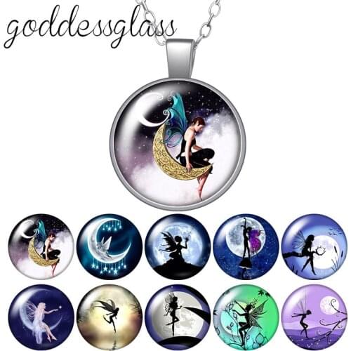 Moon Fairy Purple Moon wings Girl Round Glass glass cabochon silver plated/Crystal pendant necklace jewelry Gift