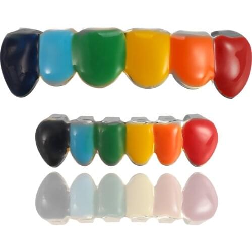 Hip Hop 6ix9ine Rainbow Colorful 69 Oil Gold Dent Teeth Grillz Top and Bottom Set With Free Silicone Box Caps Packin
