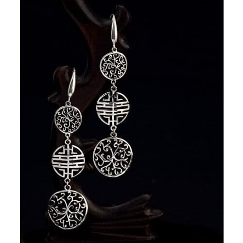 Real 925 Sterling Silver color Vintage Long Earrings For Women Hollow Flower Chinese Words Double Happiness Brincos Drop Earring