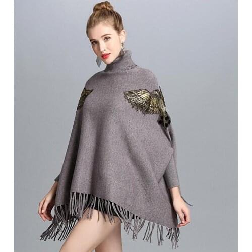 Bat Sleeve Turtleneck Knitted Sweater Poncho Female Fashion Embroidery Tassel Mid-length Sweater Poncho Pullover Women Spring