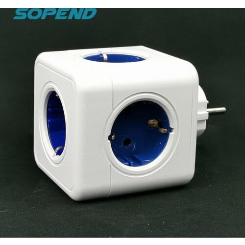 Sopend Powercube EU Plug Extension Power Strip 5 Outlets Desktop Smart Electrical Socket Office Home 16A Charger Adapter Blue