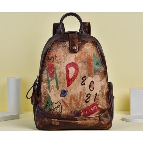 YourSeason Genuine Leather Female Hand Painted Graffiti Backpack Casual Cowhide Women 2021 Vintage Travel Bags
