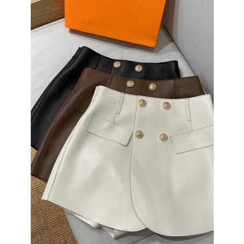 Mini Shorts Skirts Women 2021 New Fashion Spring and Autumn Genuine Leather Shorts All-match Sashes Wide Leg Short Ladies Sexy