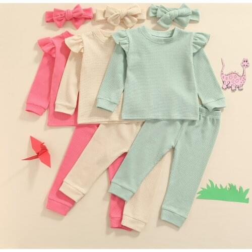 0-4Y Fashion Toddler Girls Autumn Clothes Sets 3pcs Solid Color Long Sleeve Pullover Tops Pants Headband Outfit