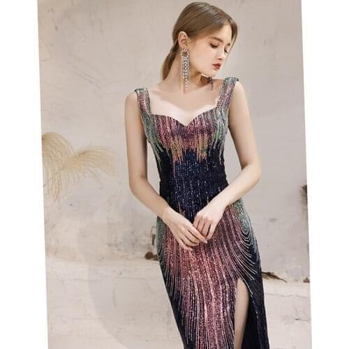 New contrast sequined high cross lady women long sexy prom dress party dress performance singing dress free shipping