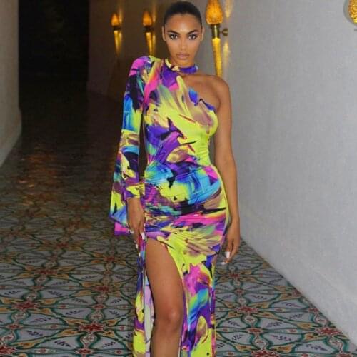 2020 one-shoulder flare sleeve tie dye slit halter sexy maxi dress spring women Christmas party elegant outfits