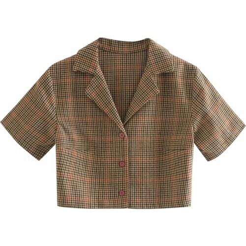 Spring Summer New Style Women England Lattice Lapel Single-Breasted Short Coat Female Short Sleeve Chic Top