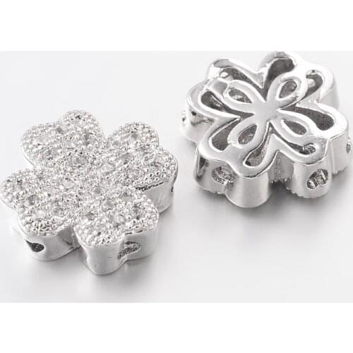 10pcs Brass Micro Pave Cubic Zirconia Beads for Jewelry Making Clover Lead Free & Nickel Free Platinum Color 10x10x4mm, Hole: 1m