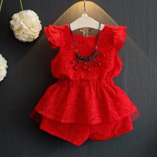 2020 Summer Baby Toddler Girls Clothing Sets Kids Girl Clothes Red Short Sleeve Ruffles Lace Tops+Short Pant 2 Pcs Suit JW1823A
