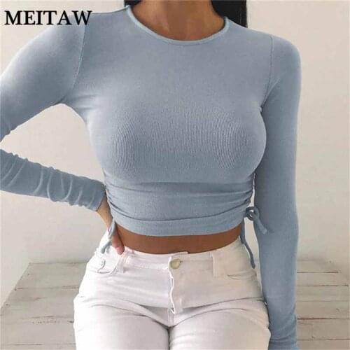 2020 Autumn Knitted Tee Shirts Sexy O-Neck Long Sleeve Bodycon Cropped Tops Women Irregular Drawstring Bandage T-Shirt