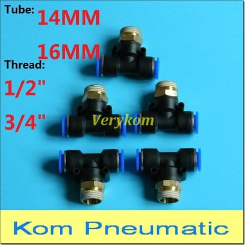 5X Free Shipping PB14-03 PB14-04 PB16-03 PB16-04 PB16-06 Pneumatic 14MM16MM Tube Air Fitting 3/4" Connector Three Way Male Tee