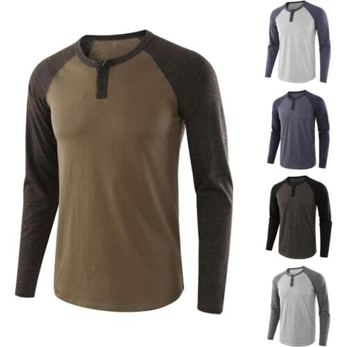 80% HOT SALES！！！Casual Men Autumn O Neck Long Raglan Sleeve Color Block T-shirt Buttons Pullover