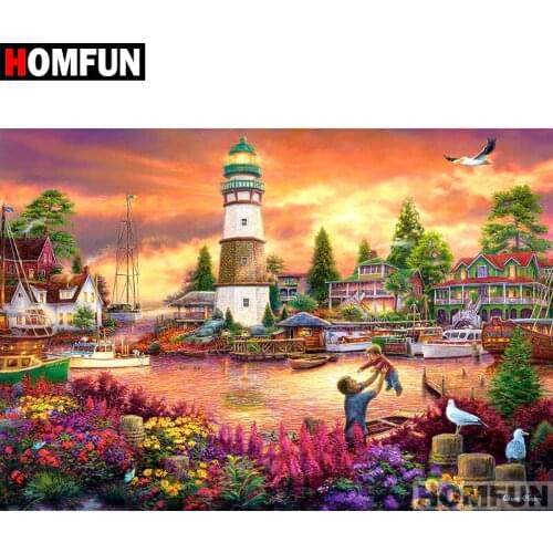 HOMFUN Full Square/Round Drill 5D DIY Diamond Painting "Lighthouse Scenic" Embroidery Cross Stitch 5D Home Decor Gift A06987