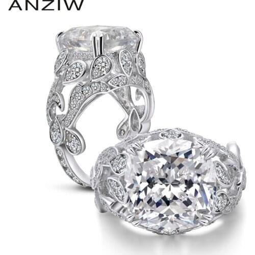 ANZIW10 Carats Cushion Cut Ring Simulated Diamond Engagement Wedding Sterling Silver Ring Big Luxury Gift Jewelry for Women