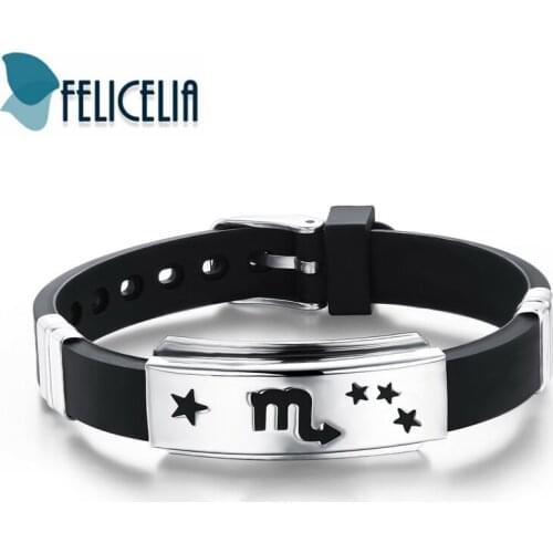 Felicelia 12 Constellations Horoscope Bracelet For Men Boy Stainless Steel Genuine Silicone Sporty Wrap Bracelet Size Adjustable